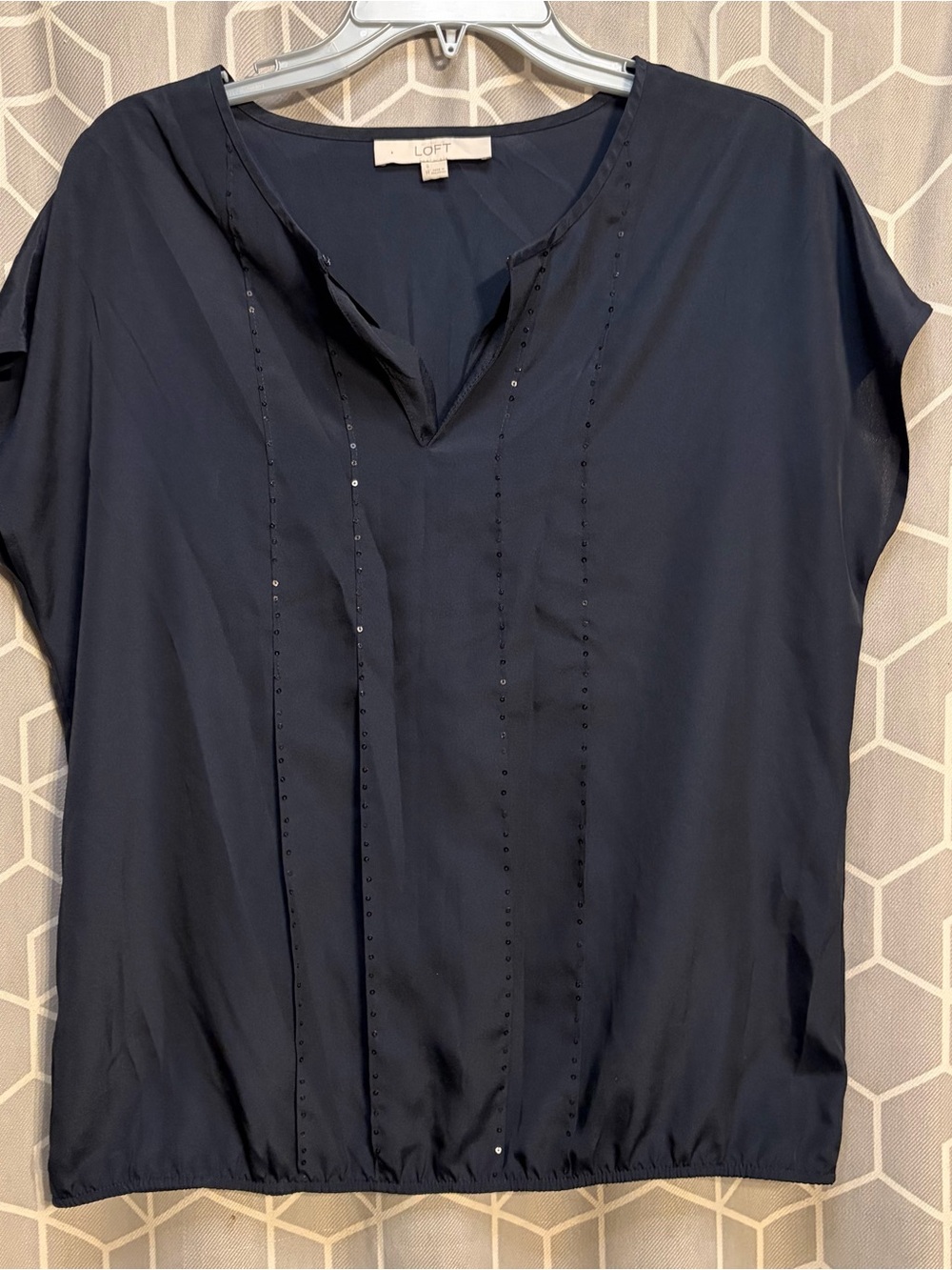 LOFT Navy Short-Sleeve Beaded V-Neck Blouse